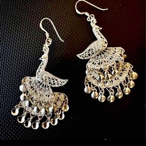 Vintage Filigree Peacock Chandelier Sterling Silver Earrings